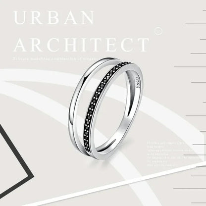 925 Sterling Silver Black & Clear Double Circle CZ Ring