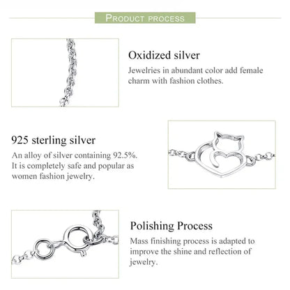 925 Sterling Silver Cat Heart Chain Bracelet