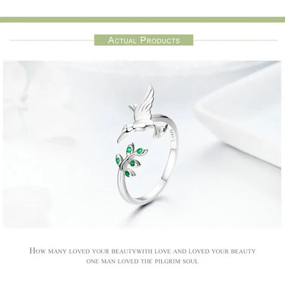 925 Sterling Silver Green Tree & Bird Open Ring