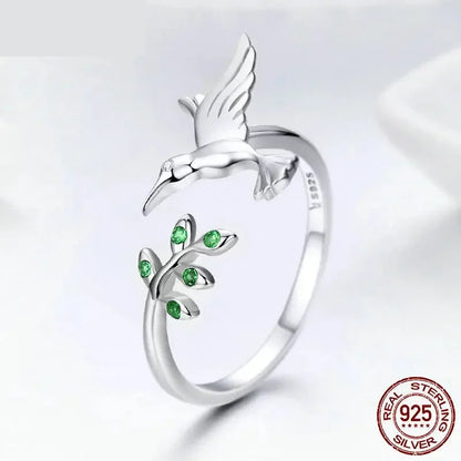 925 Sterling Silver Green Tree & Bird Open Ring