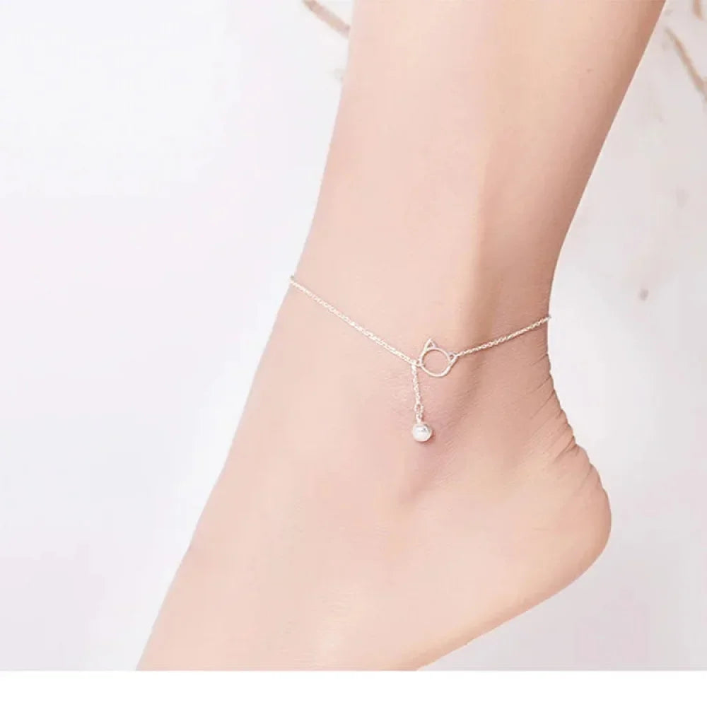 The Whimsical Cat & Bell 925 Sterling Silver Anklet