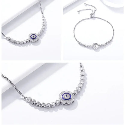 Sterling Silver Evil Eye Tennis Bracelet with CZ – Adjustable