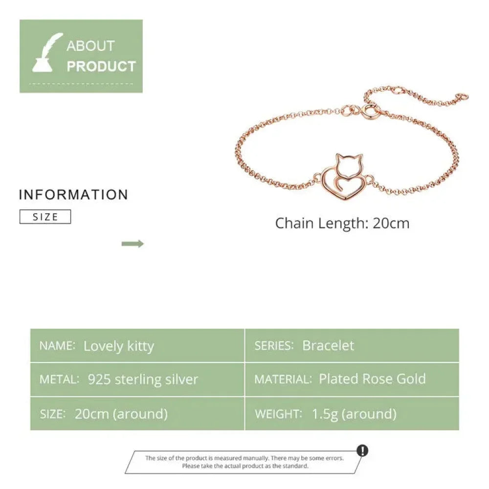 925 Sterling Silver Cat Heart Chain Bracelet