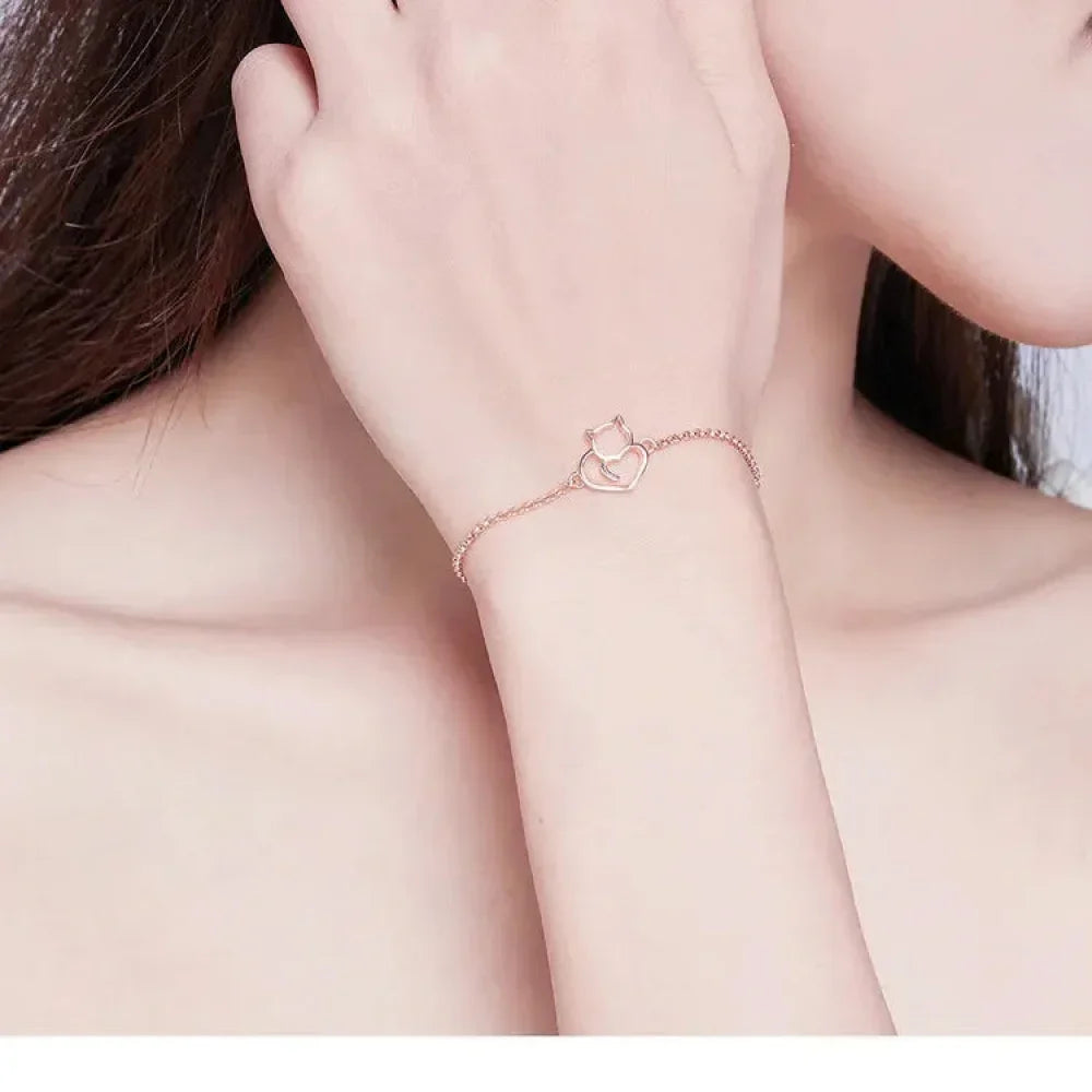 925 Sterling Silver Cat Heart Chain Bracelet