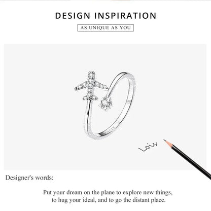 925 Sterling Silver CZ Flying Plane Open Ring