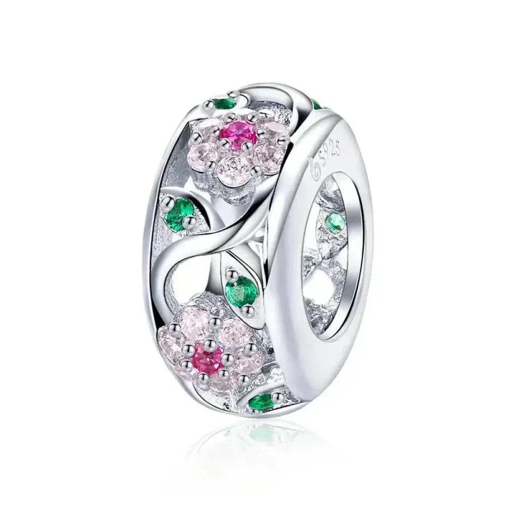 Pendentif en argent sterling 925 avec oiseaux colorés, fleurs, feuilles en oxyde de zirconium - Breloque pour bracelets et colliers
