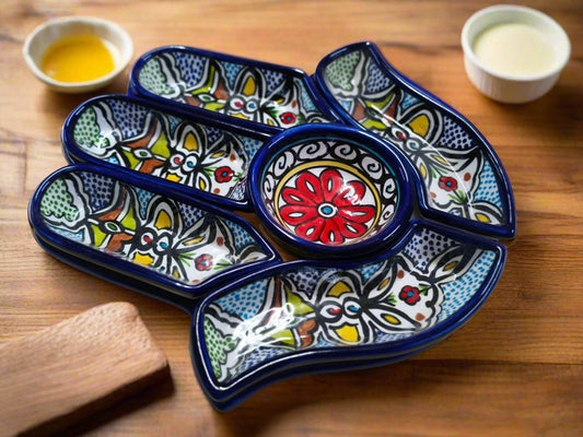 Ensemble de 7 pièces de service apéritif et trempette en céramique artisanale, forme Palme