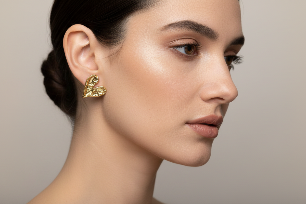 Beaten Metal Heart Stud Earrings - Gold Stainless Steel