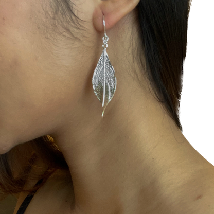 Textured Leaf Earrings - Silver Plate