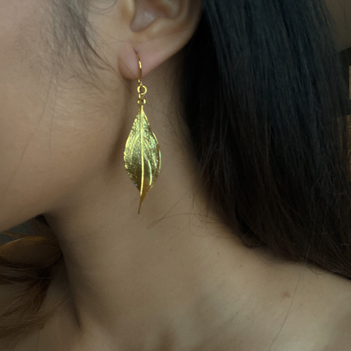 Textured Leaf Earrings- Gold Plate