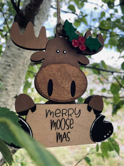 Ornement en bois peint à la main « Joyeux Élan-Noël », Décoration de Noël faite main en contreplaqué