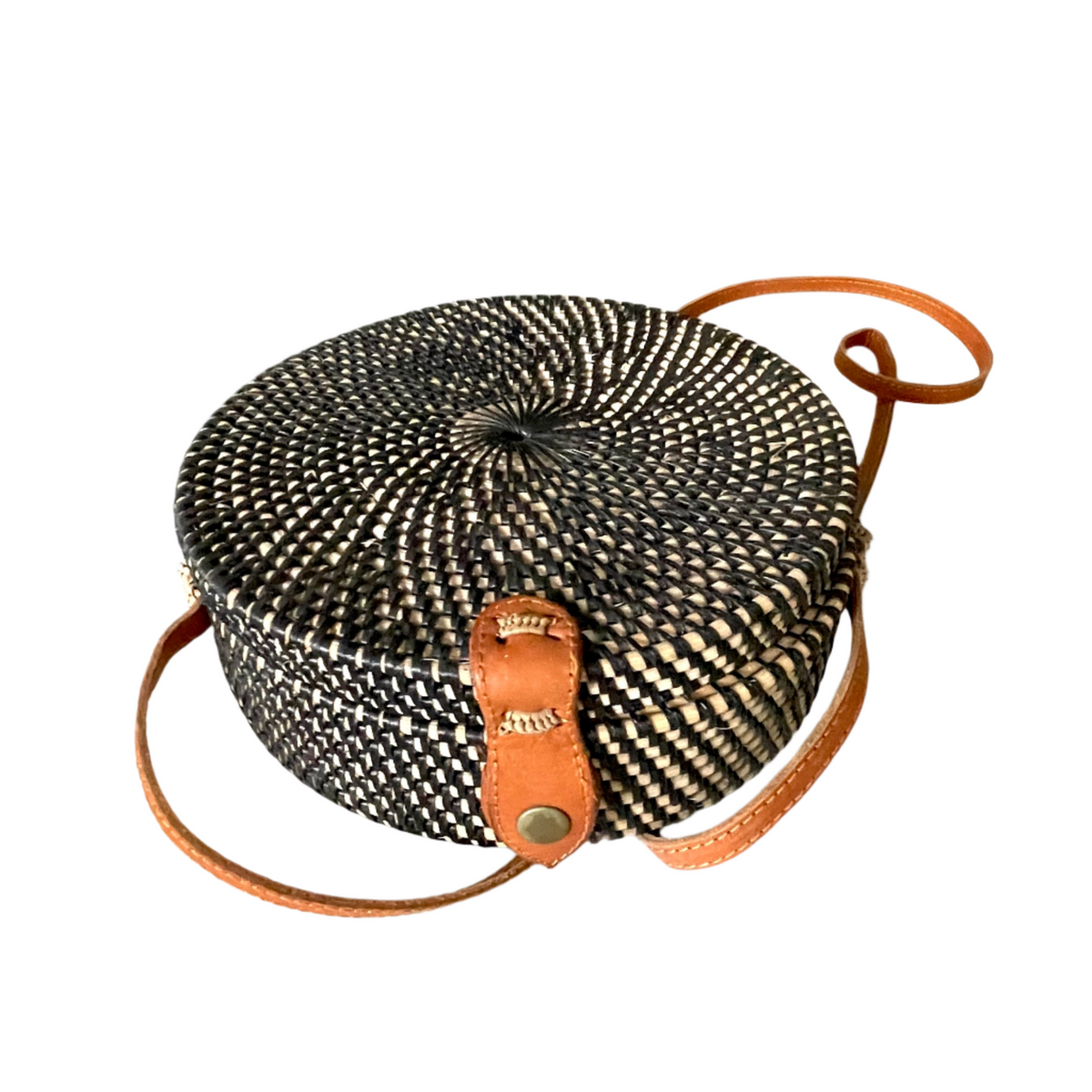 Round Rattan Purse - Black & Natural