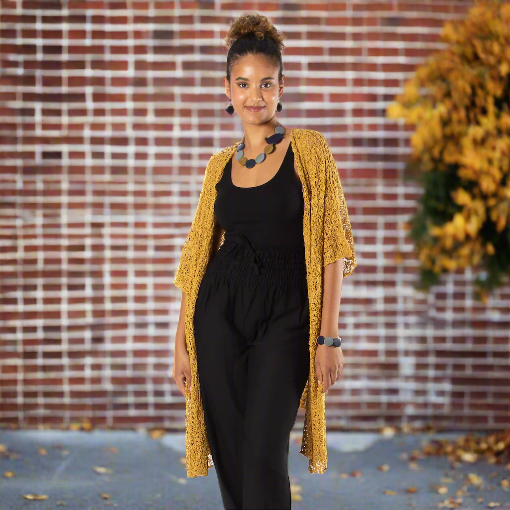 Mid Length Popcorn Knit Kimono - Mustard