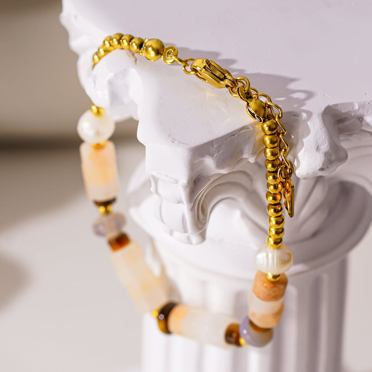 JERASA: Chalcedony Stones, Fresh Water Pearls & Gold Ball-Beaded Bracelet.