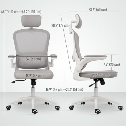 Chaise de bureau ergonomique en maille Owen avec dossier haut, appui-tête rotatif, accoudoirs relevables et support lombaire - Gris