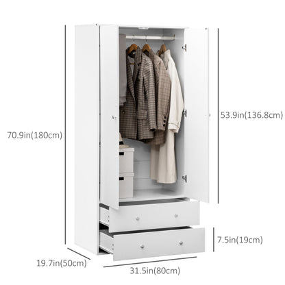 Armoire Briar moderne avec 2 tiroirs et tringle à vêtements - Blanc