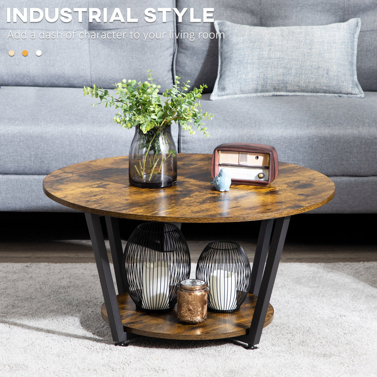 Matt Round Coffee Table with Storage Shelf-Rustic Brown