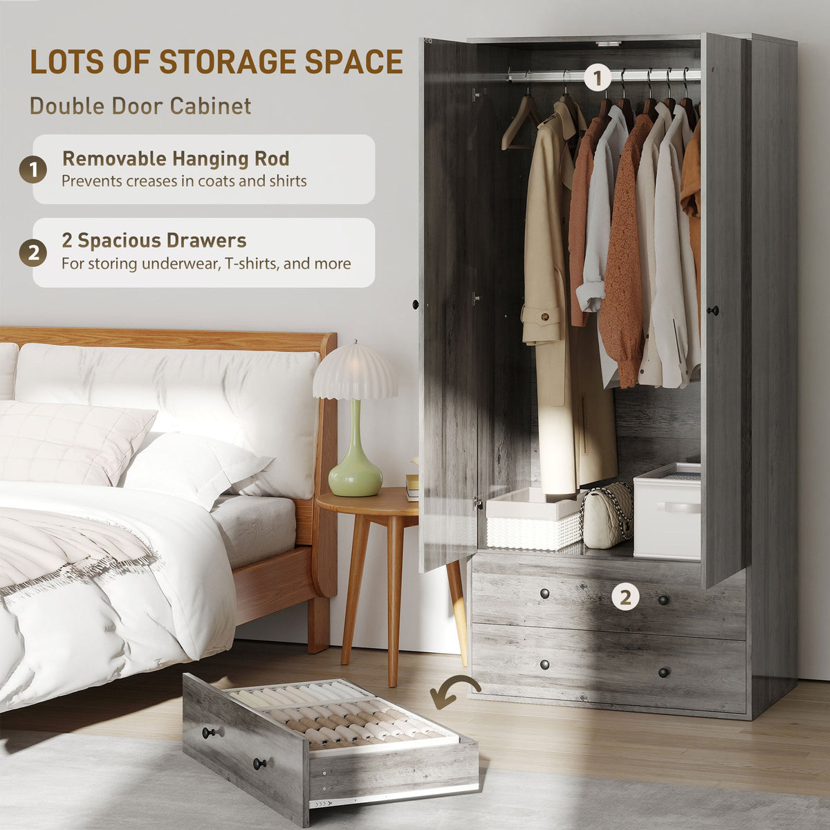 Armoire Briar avec 2 tiroirs et tringle à vêtements - Grise