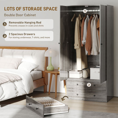 Armoire Briar avec 2 tiroirs et tringle à vêtements - Grise