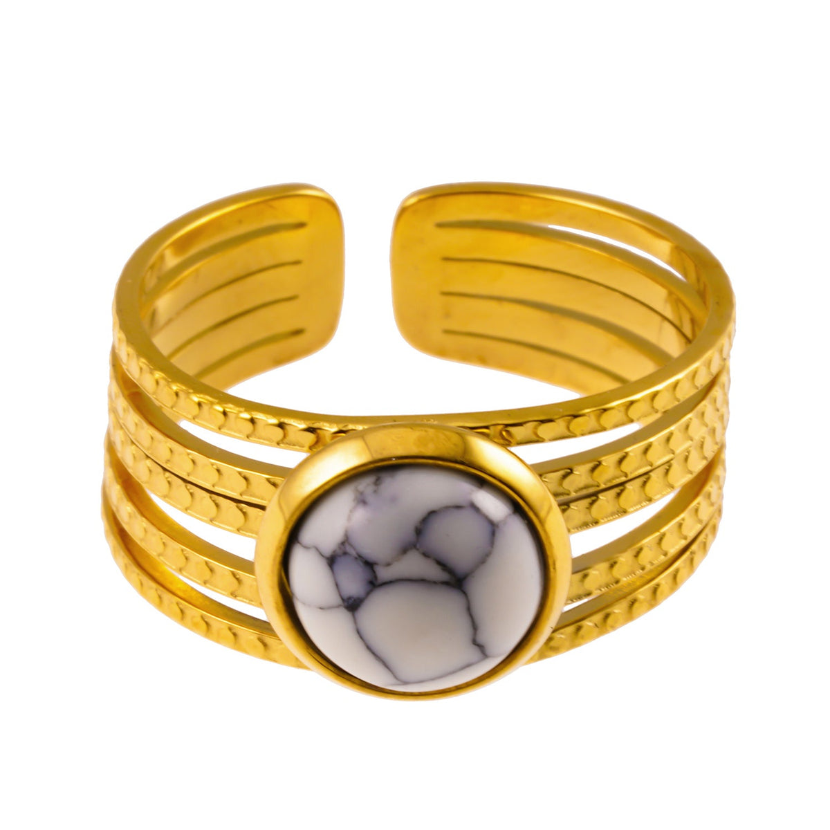 LIKHA : Bague texturée multi-bandes avec pièce centrale en pierre de turquoise blanche