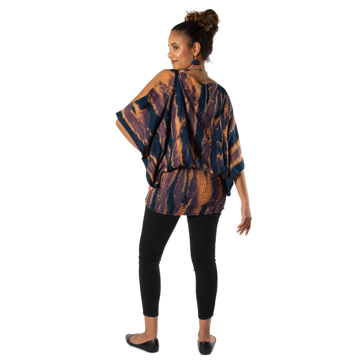 Abstract Tie Dye Split Shoulder Top -Blue & Gold