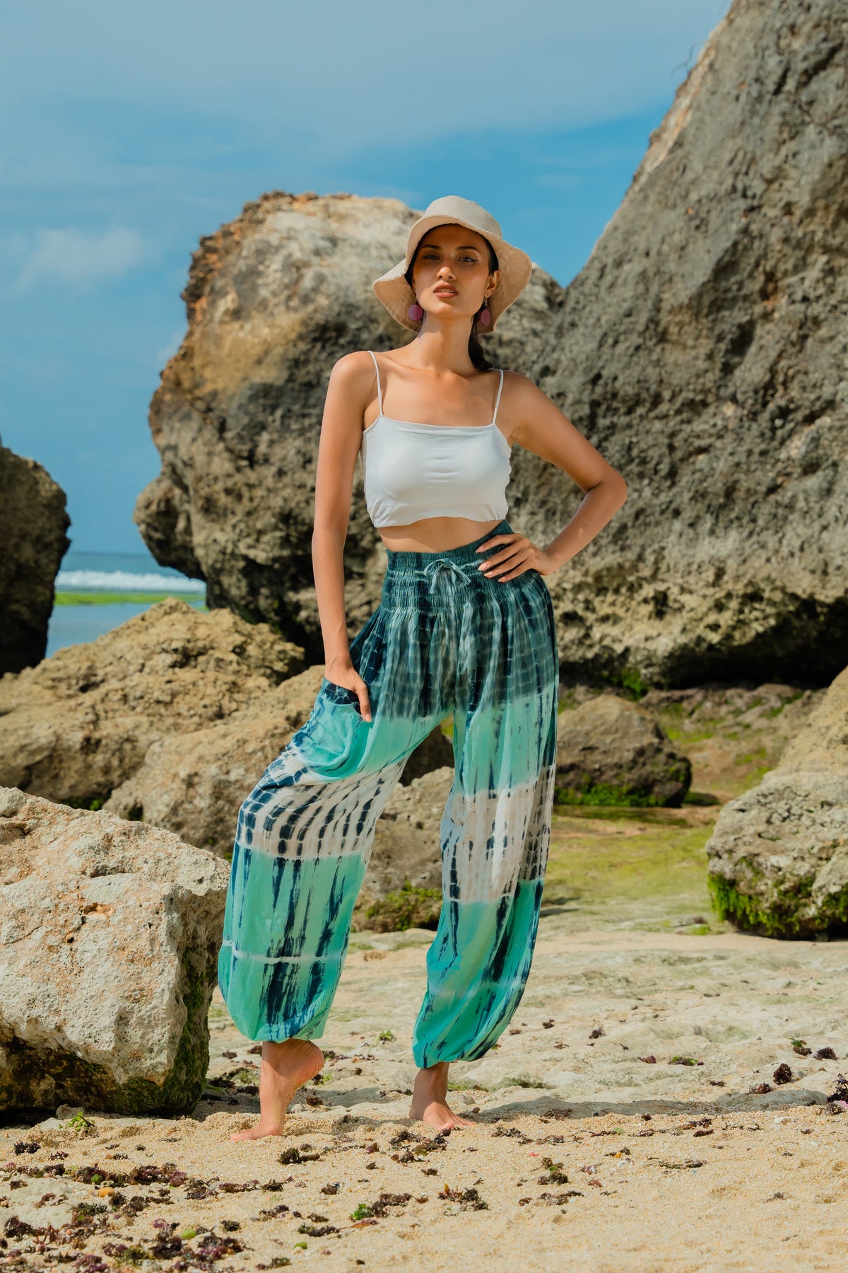 Tie Dye Stripe Bali Pants - Turquoise & Grey
