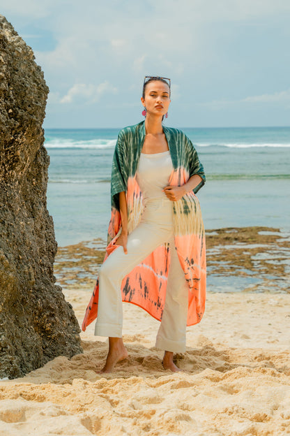 Tie Dye Stripe Long Kimono- Pink & Grey