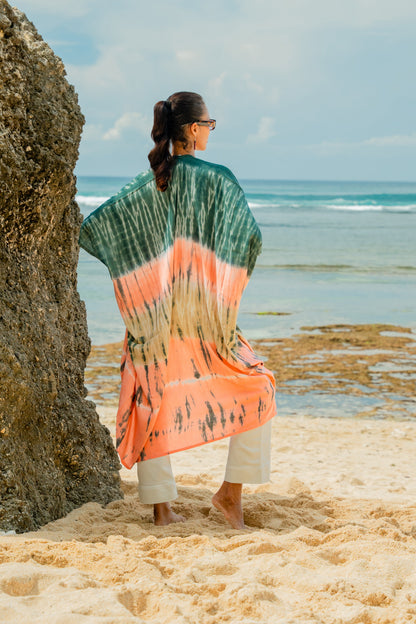 Tie Dye Stripe Long Kimono- Pink & Grey