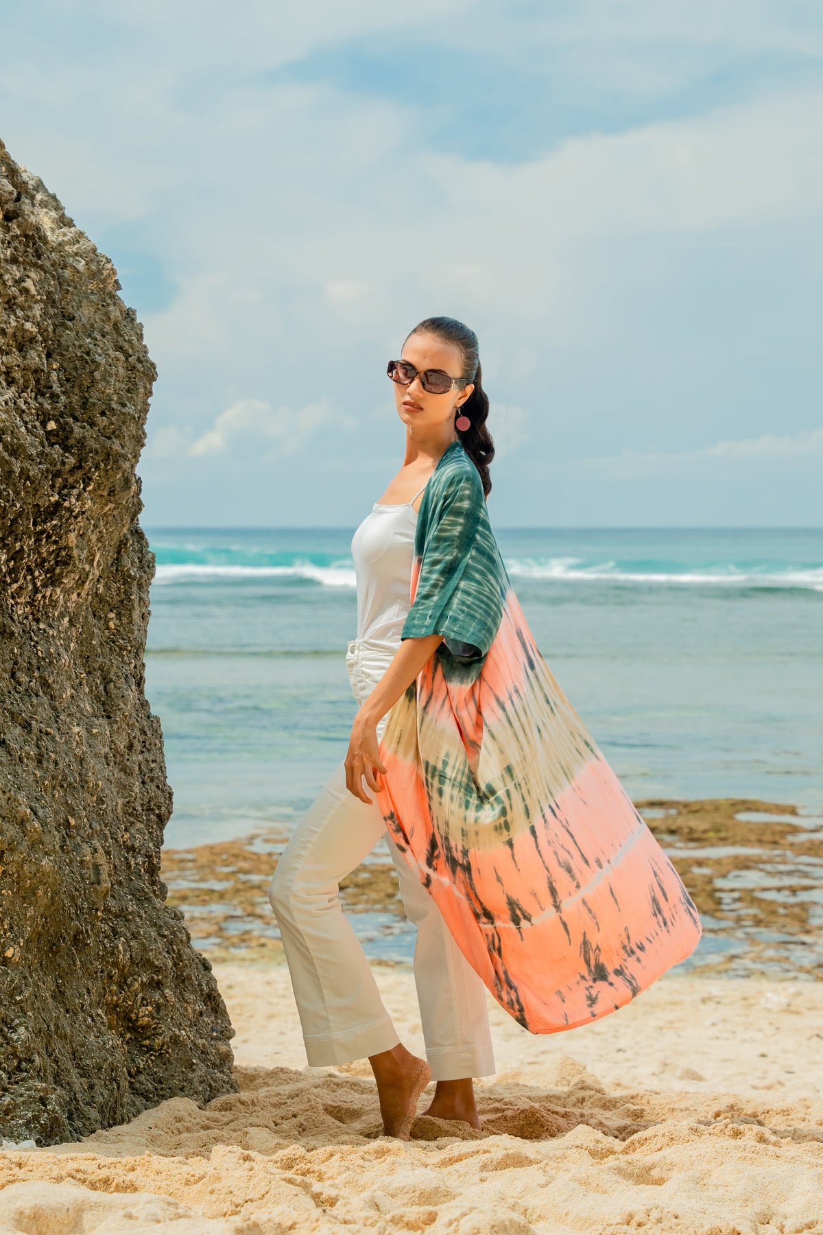 Tie Dye Stripe Long Kimono- Pink & Grey