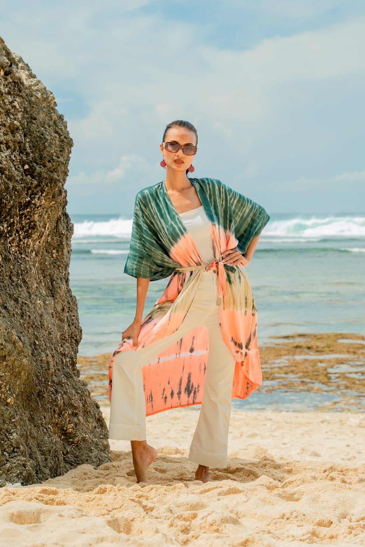 Tie Dye Stripe Long Kimono- Pink & Grey