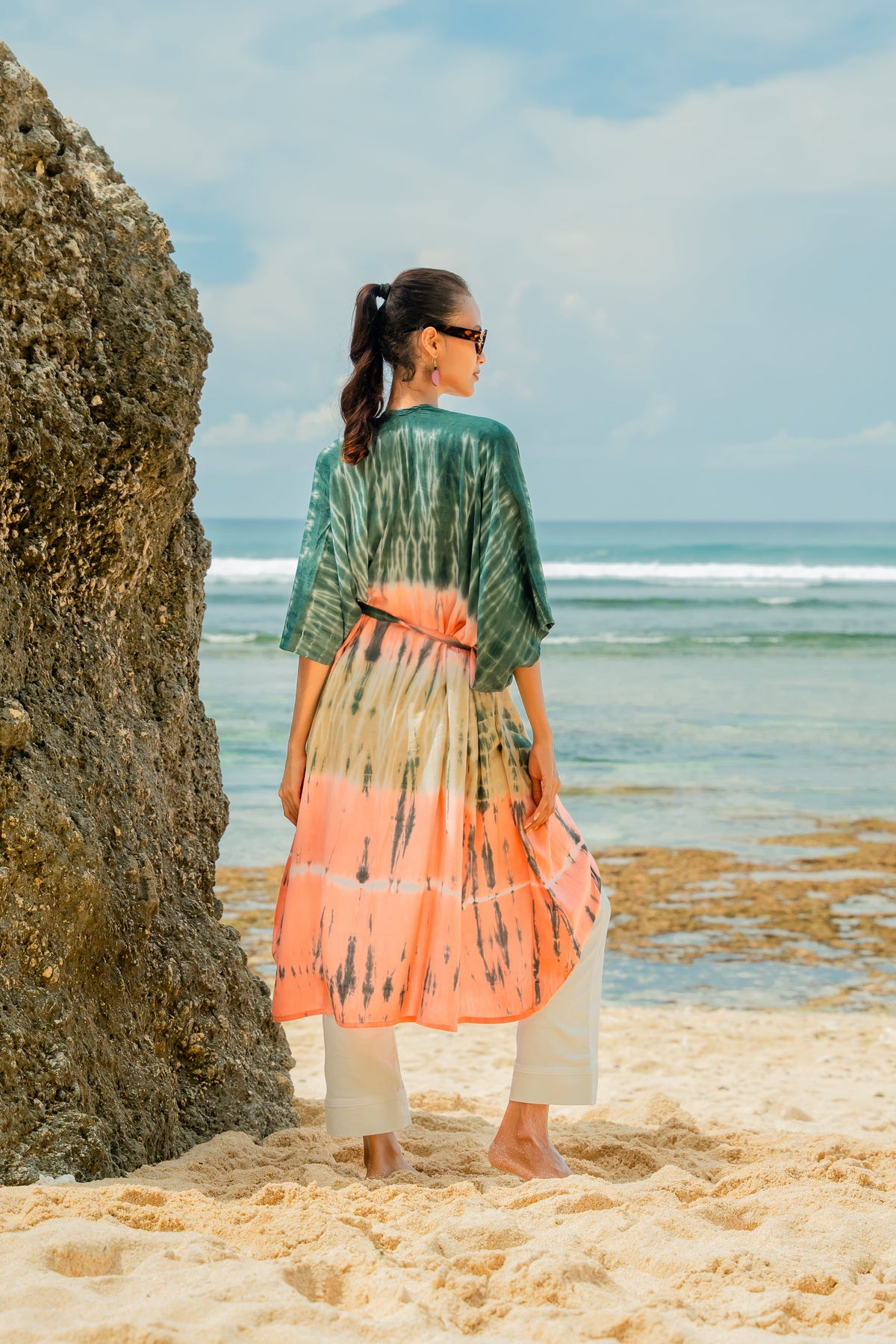 Tie Dye Stripe Long Kimono- Pink & Grey