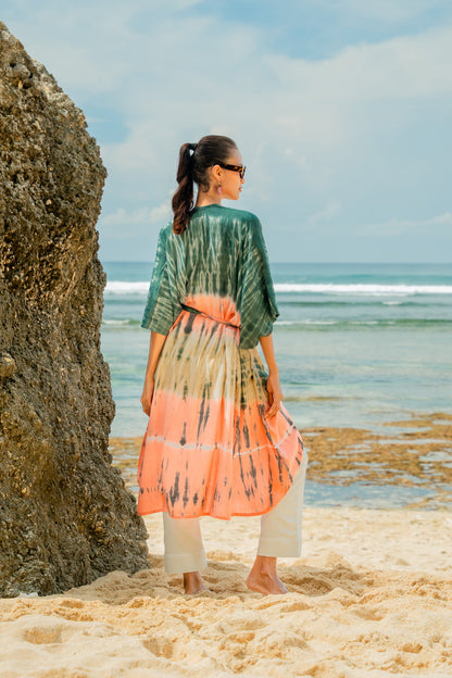 Tie Dye Stripe Long Kimono- Pink & Grey