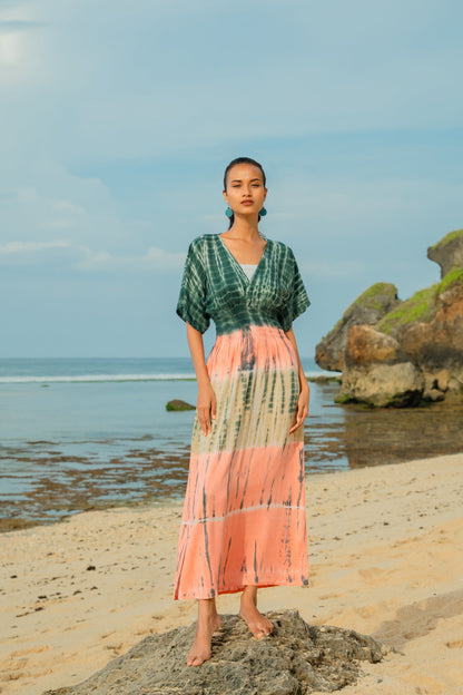 Robe longue tie-dye à rayures – Rose et gris