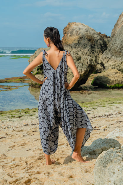 Leaf Print Romper - Black & White