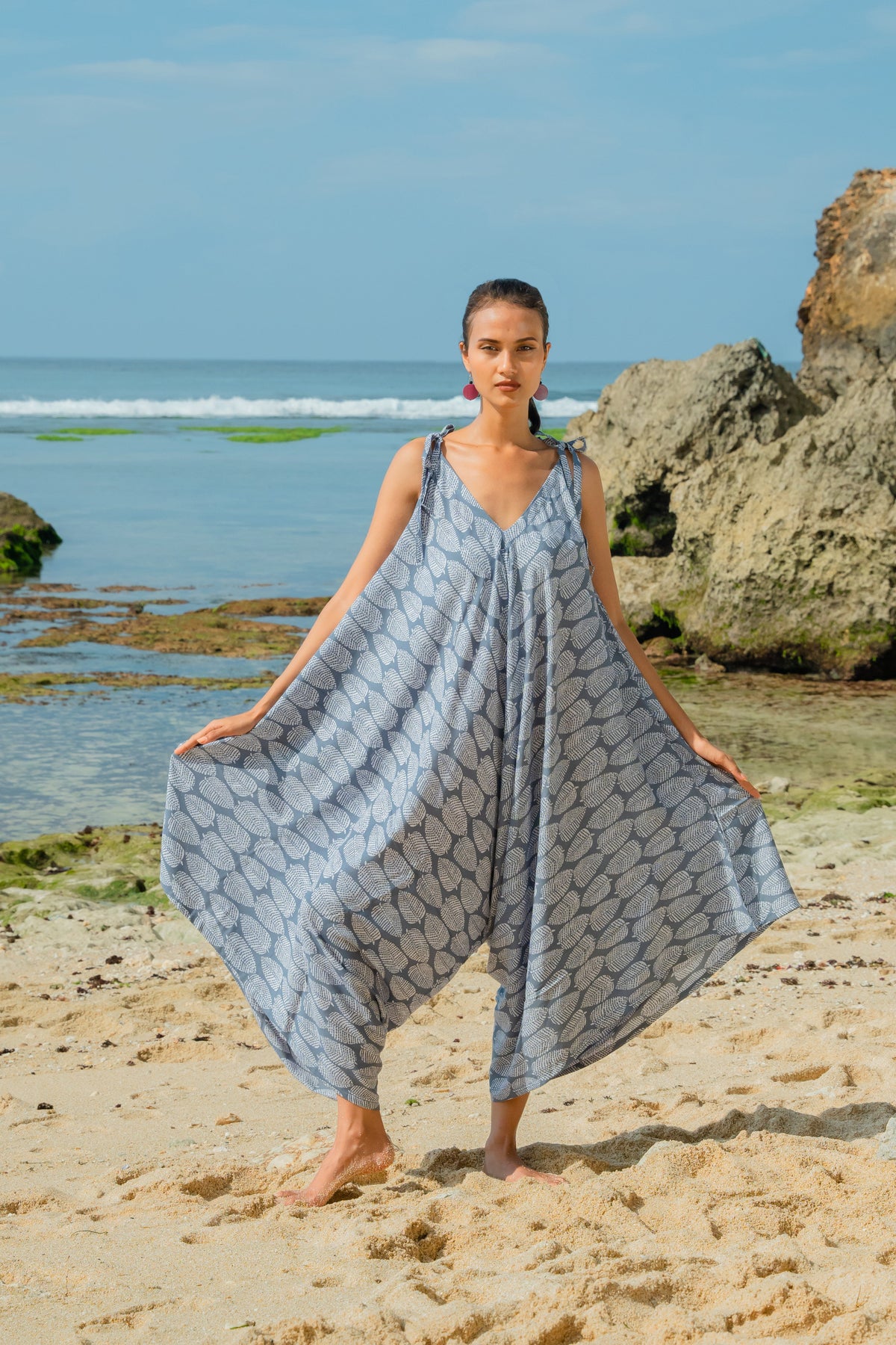 Leaf Print Romper - Grey & White