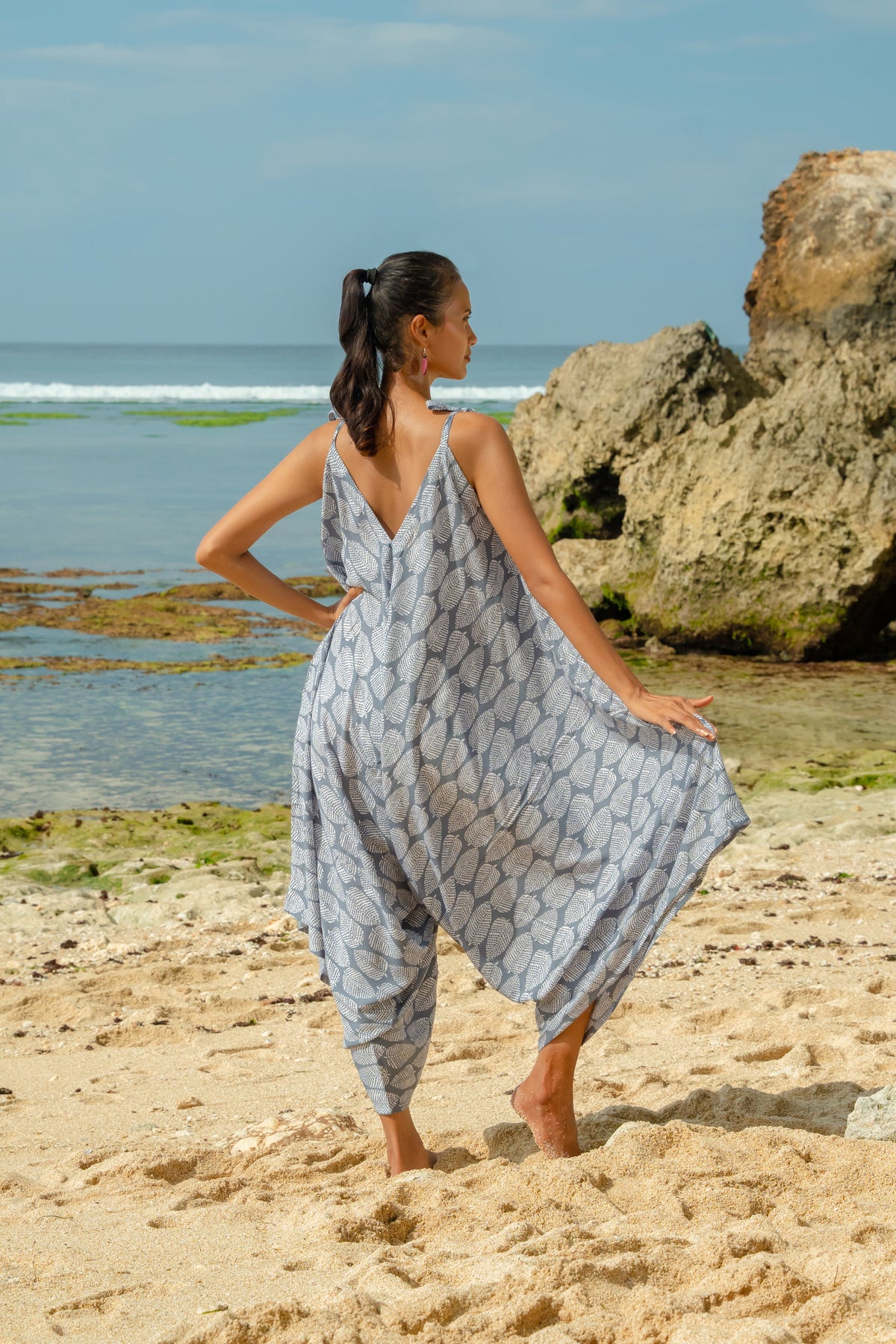 Leaf Print Romper - Grey & White
