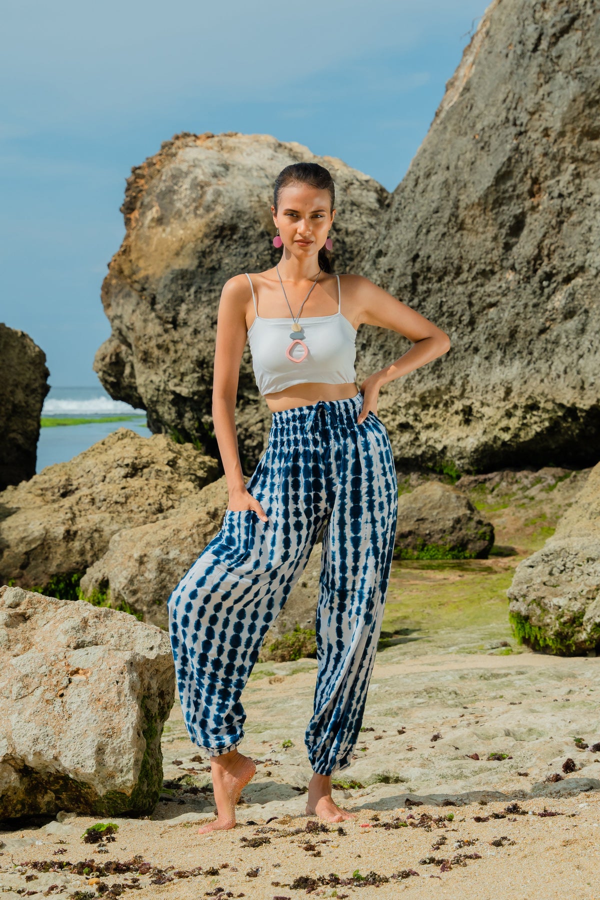 Bone Tie Dye Bali Pants - Navy & White