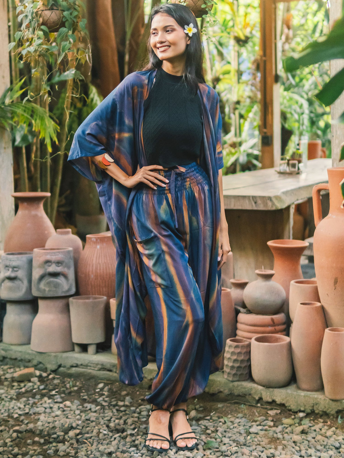 Navy & Gold Abstract Tie Dye Bali Pants