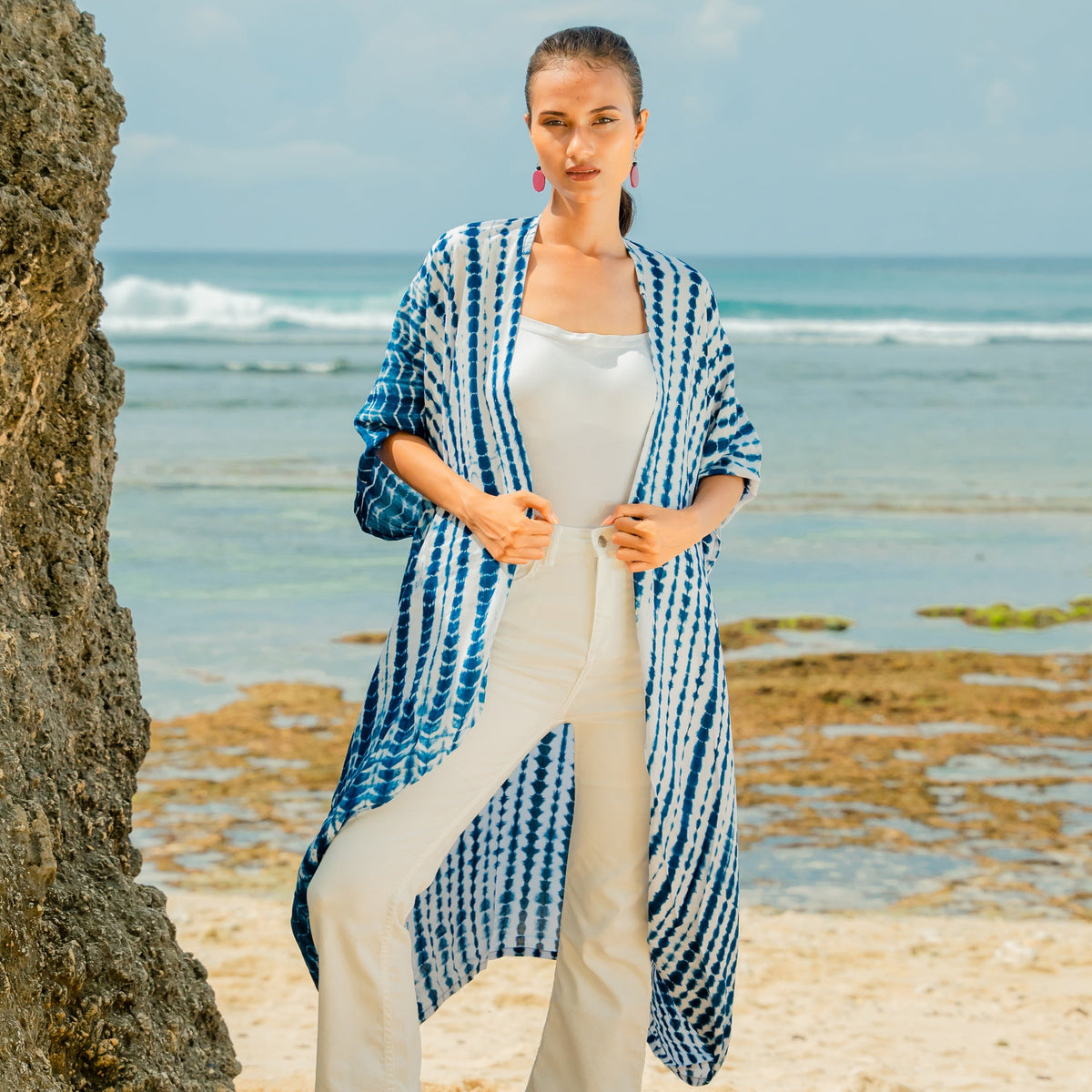 Bone Tie Dye Kimono- Navy & White