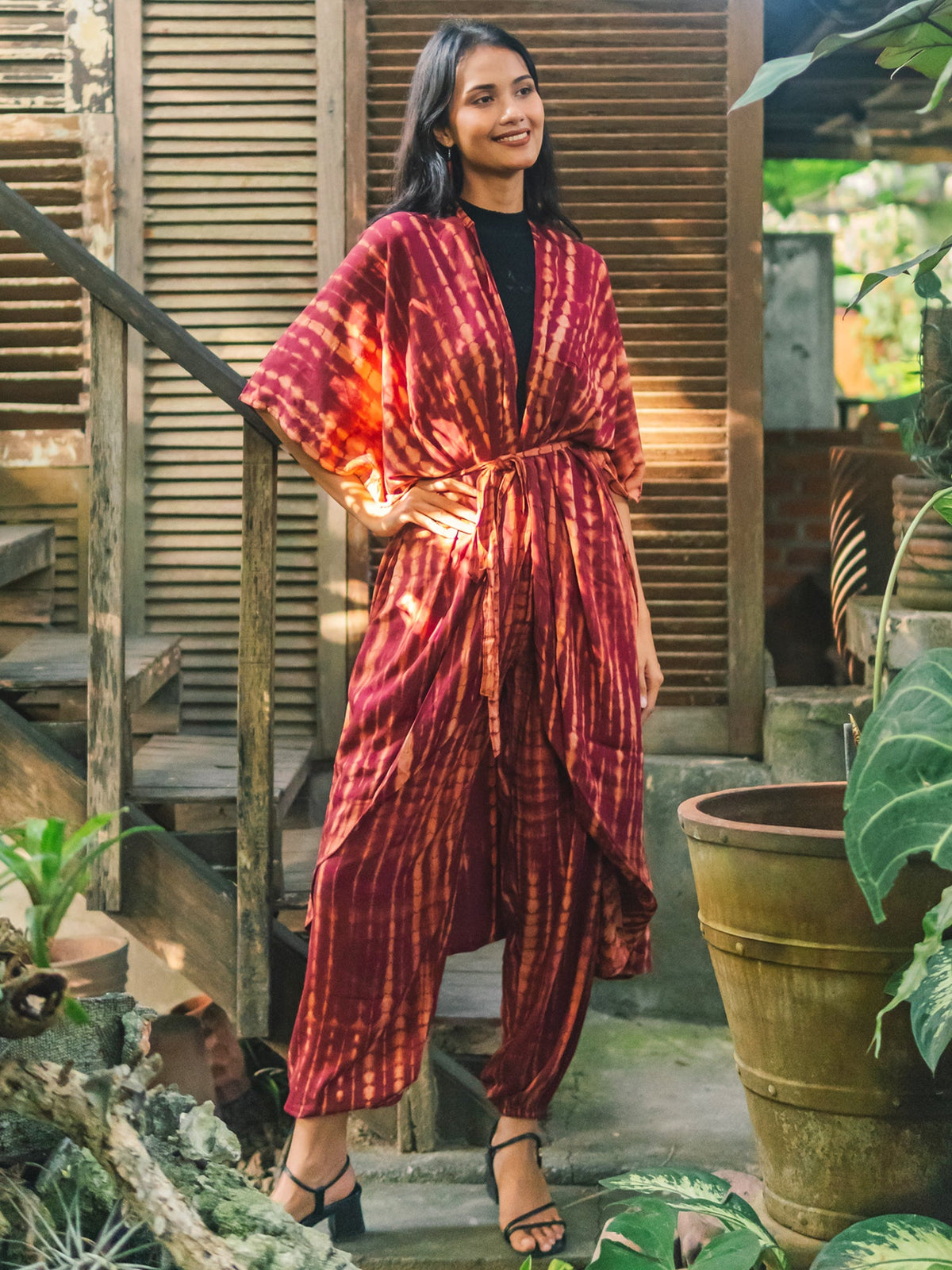 Tie Dye Long Kimono - Maroon & Gold