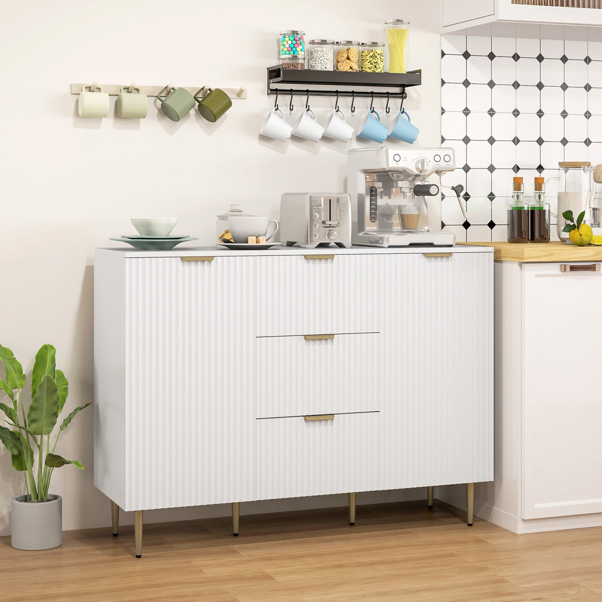 Buffet de cuisine moderne/Meuble de couloir Ellis avec 3 tiroirs - Blanc
