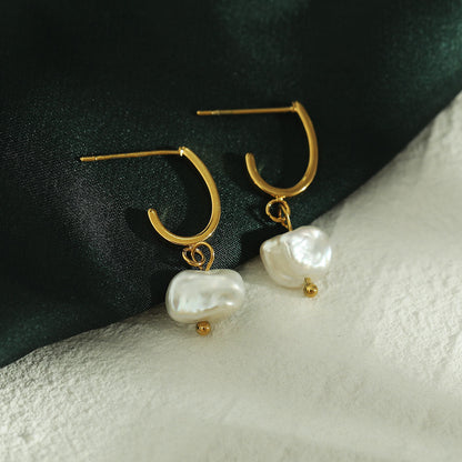 MILANO: Natural Freshwater Pearl J-Bar Drop Earrings in Gold