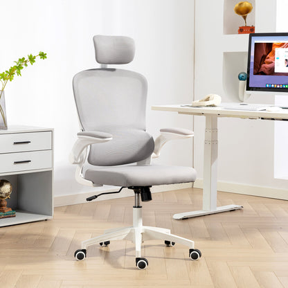 Chaise de bureau ergonomique en maille Owen avec dossier haut, appui-tête rotatif, accoudoirs relevables et support lombaire - Gris