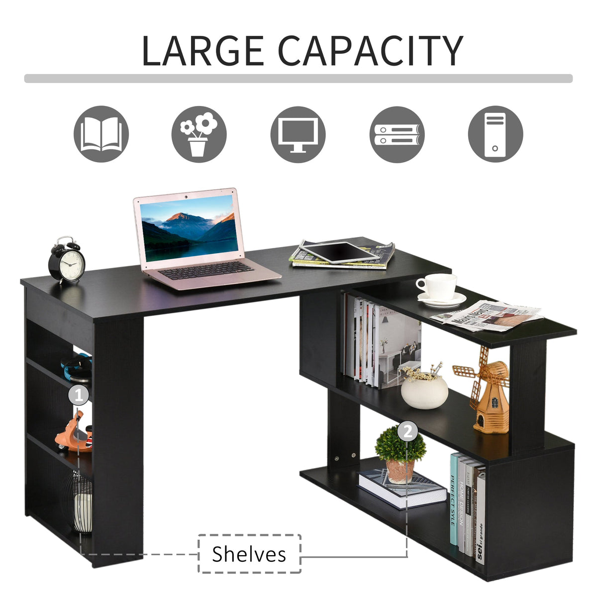 Bureau d'angle en L Denver avec rallonge d'angle rotative à 360° - Noir