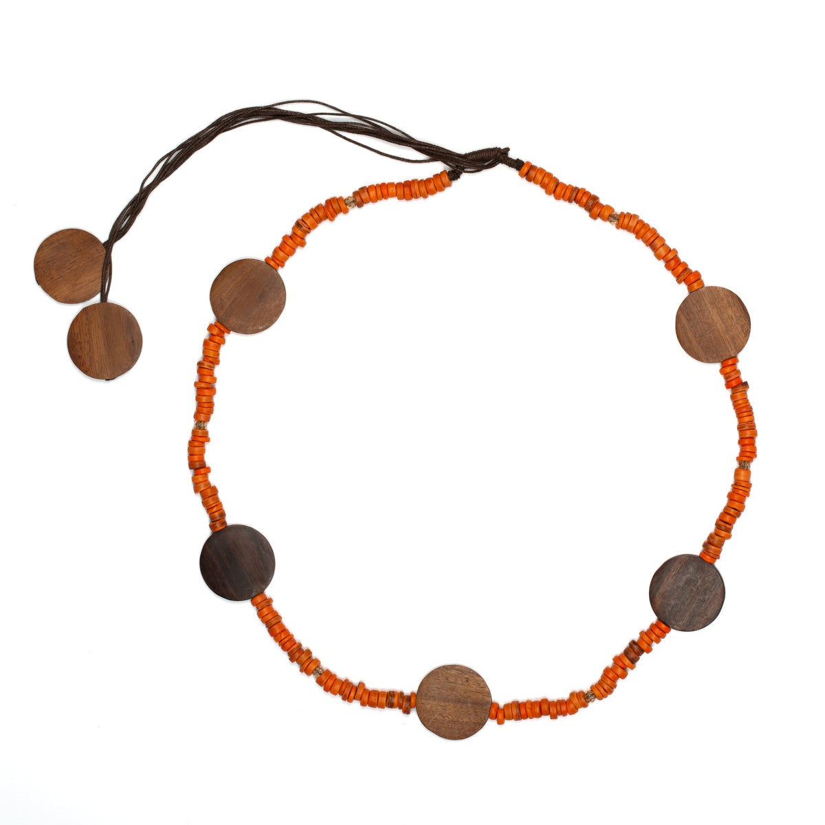 Long Coconut Bead & Wooden Disc Necklace