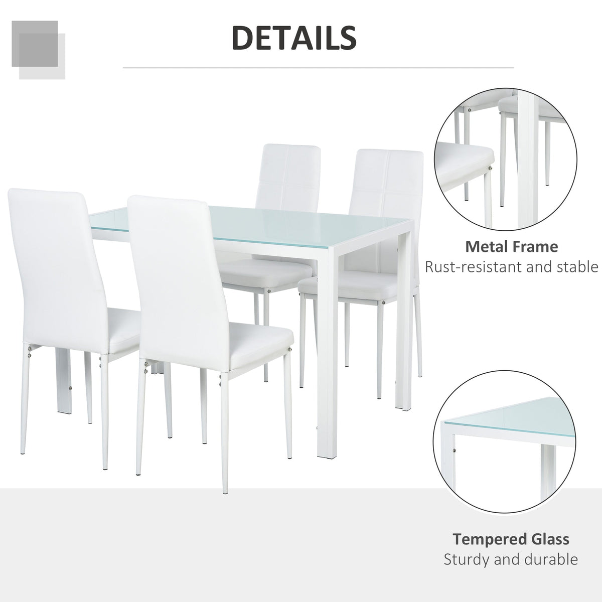 Zaya 5-Piece Rectangular Glass Dining Set for Small Spaces-White