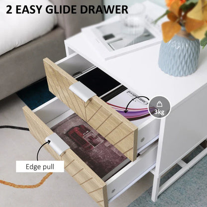 Table de chevet moderne Emery avec 2 tiroirs et pieds en acier-Blanc/Chêne