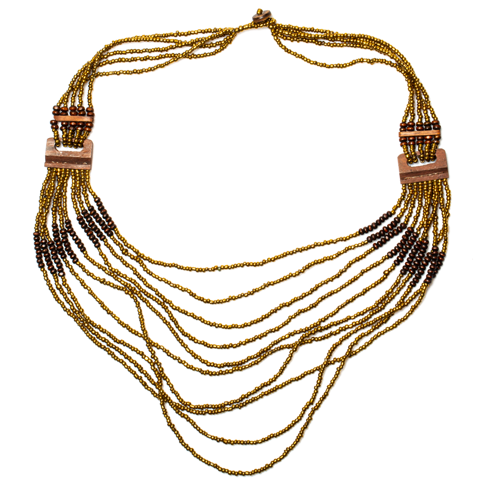 Long collier multi-rangs avec détails en bois