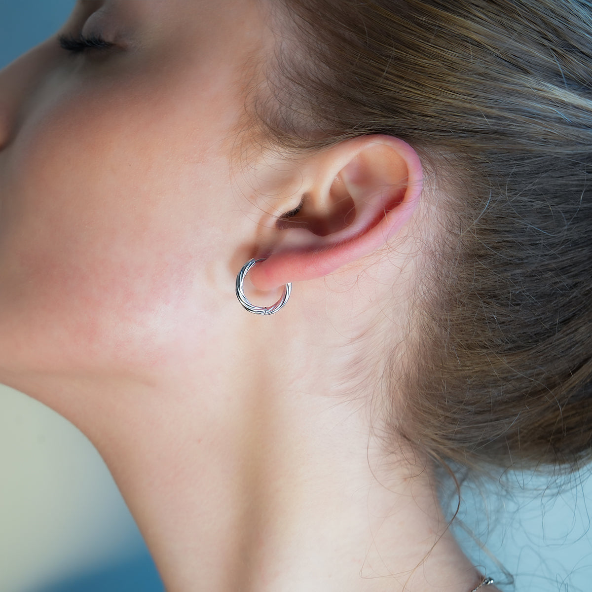 PURLEY: White Gold (Silver Toned) Richly Textured Modernist Mini Hoop Earrings