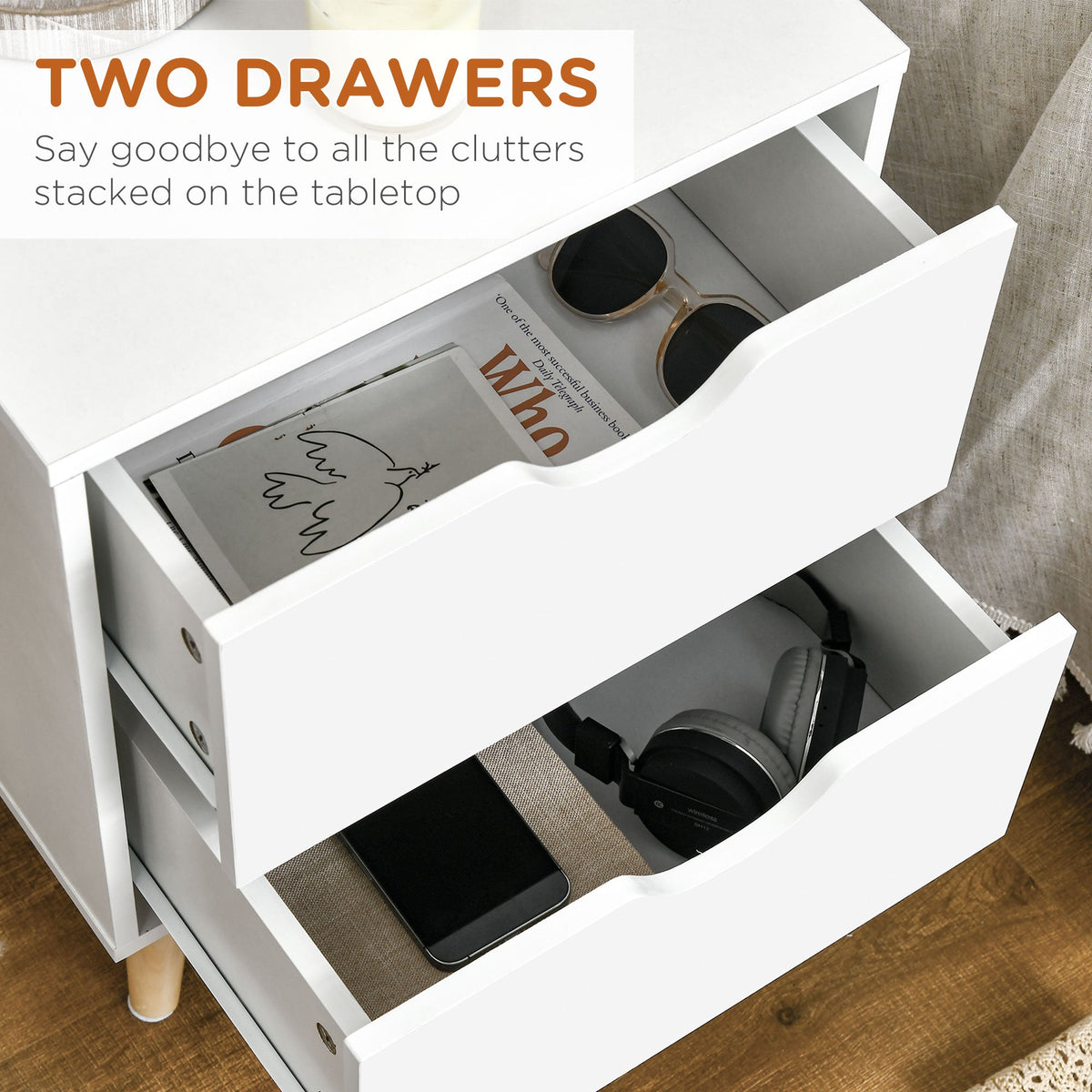 Table de chevet Jesse avec 2 tiroirs et pieds en pin-Blanc